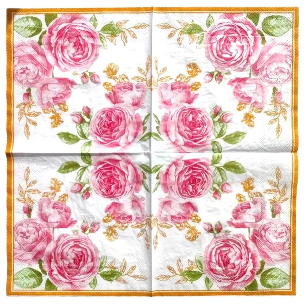 Pink Peony Gold Border Luncheon Paper Napkins, 20-ct